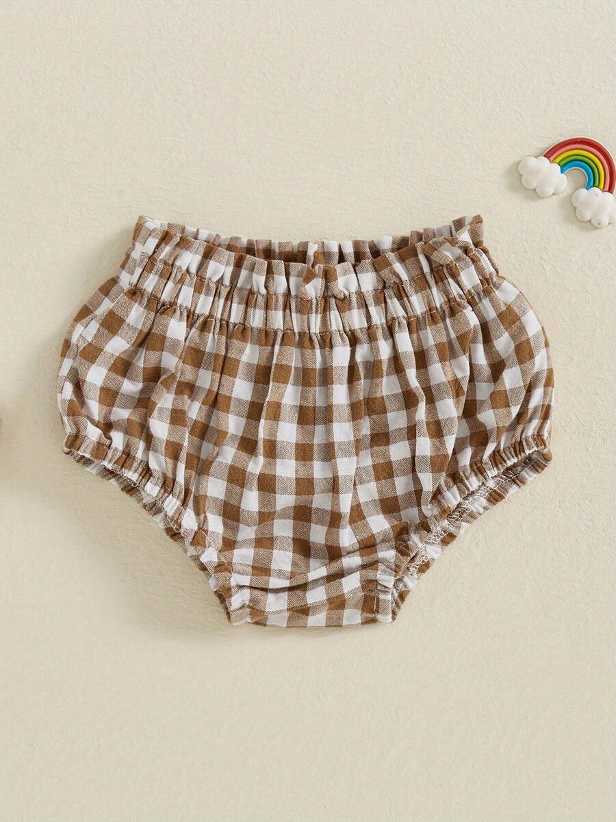 Pantalones cortos a cuadros con volantes y cintura elástica para bebé niña de 3 a 18 meses, pantalones cortos triangulares para verano - Caqui - Ver 1