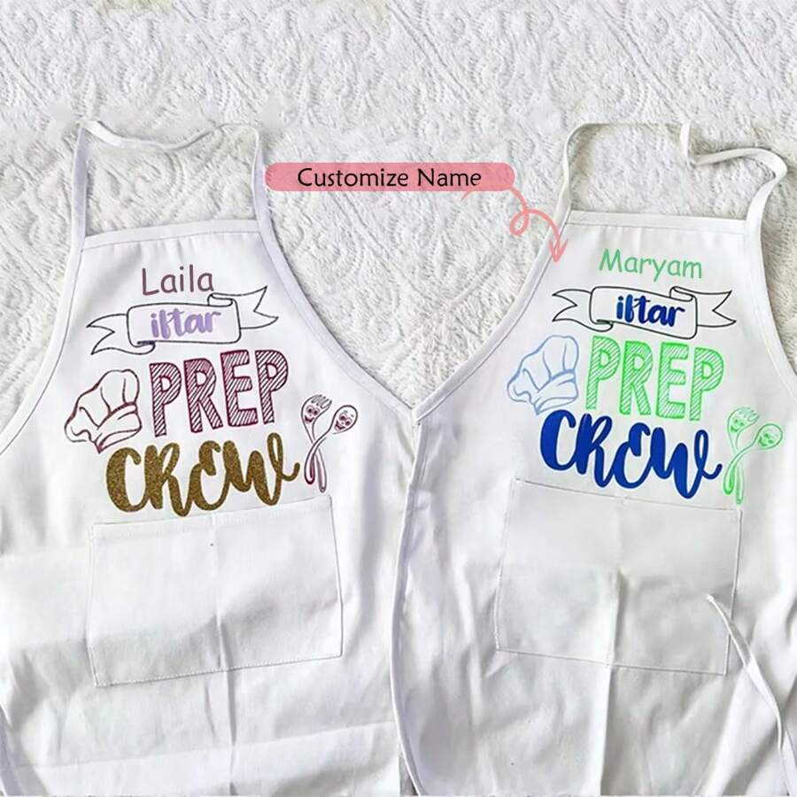 Personalised Custom Name Iftaar Prep Crew White Cooking Baking Apron Son Daughter Grandson Granddaughter Nephew Eid Al-Fitr Ramadan Mubarak Suhoor Iftar Dinner Home Kitchen Decoration Muslim Islamic Kareem Gift - Multicolor - View 1