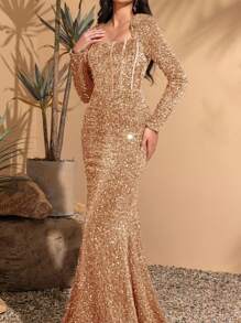Cekinowa luksusowa suknia wieczorowa, formalna suknia na bankiet dla gwiazd z długimi rękawami i rybim ogonem na formalne przyjęcia, sukienka na imprezę, sukienka dla gości weselnych