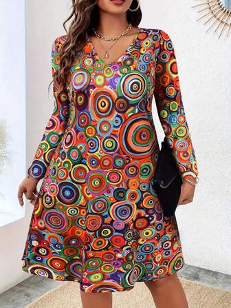 V-halsad långärmad rundklänning för kvinnor i plusstorlek - elegant midiklänning med flytande kjol, avslappnad kontors- och festklänning, klassisk vårklänning i A-linje, mode orange klänningar i plusstorlek