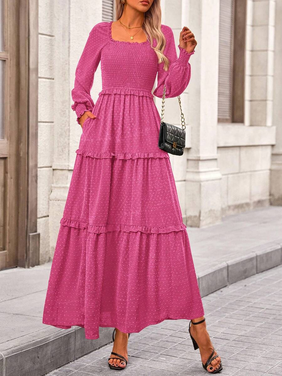 Women's Long-Sleeved Floor-Length Dress Casual Square Collar Layered Pleats Flowy Pocket Wedding Guest Dress - 玫紅色 - 查看 1