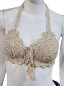 Top de Crochê com Pingente Moda Praia Primavera Verão - Areia (Cru) - Visão 2