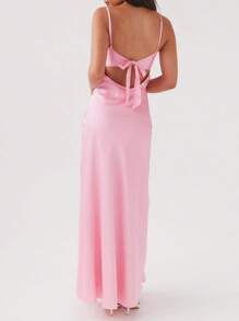 Women Cami Dress Solid Color Sleeveless Spaghetti Strap Tie-Up Front Backless Dress Long Dress Summer Casual Dress