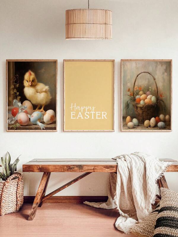 3buc/Set, Pictură pânză agățată, Pictură decorativă înrămată, Poster de Paște, Set de imprimare de Paște Fericit, Perete de galerie de primăvară de epocă, Pictură antică de Paște, Set de galerie de Paște de primăvară, Decor de perete de primăvară de fermă, Animale, Ouă, Paște Fericit, Artă de perete, Acasă Murale decorative