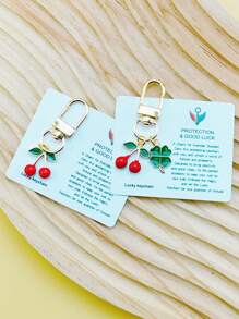 1pc Handmade Mini Alloy Cherry Clover Charm Key Chain, Lucky Four Leaf Clover Cherry Key Ring - Multicolor - View 1