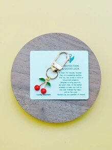 1pc Handmade Mini Alloy Cherry Clover Charm Key Chain, Lucky Four Leaf Clover Cherry Key Ring - Multicolor - View 4