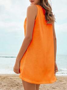 大码太阳镜印花女式海滩度假背心裙，宽松休闲防晒罩衫泳装 - 橘色 - 查看 2