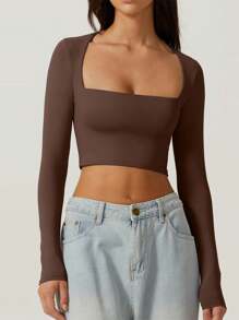Women Slim Fit Crop Top, Long Sleeve Square Neck Solid Color Top Clubwear - Màu nâu - Xem 1
