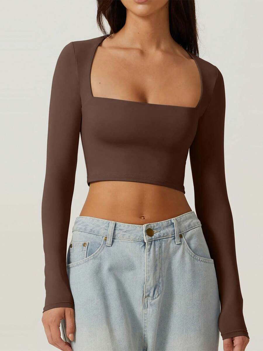 Women Slim Fit Crop Top, Long Sleeve Square Neck Solid Color Top Clubwear - Màu nâu - Xem 1