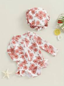 Baby Girls Swimsuit Long Sleeve Flower Print Zipped Bikini With Hat Newborn Swimwear Summer Bathing Suit - Pink - View 2