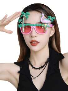 1pc Holiday Party Decoration Glasses, Hawaiian Sunglasses With Palm Tree, Flamingo, INS Beach Photo Prop Funny Dance Show Glasses (Handmade Painted, Normal Minor Flaws)