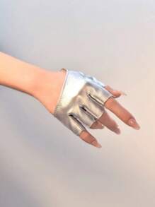 1 Pair Fashion Silver Fingerless PU Leather Gloves - Silver - View 3