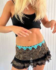 Women Low Waisted Leopard Print Mini Skirt Sexy Ruffle Lace Edge Mini Skirt Skorts - 淺藍色 - 查看 3