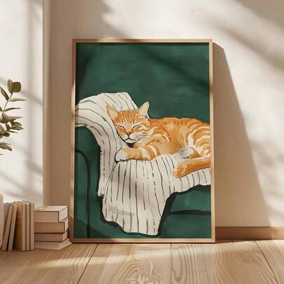 1pc Modern Cartoon Animal Poster, Orange Cat Sleeping, For Living Room & Bedroom Decor, Optional Frame, Perfect For Room Decor, Wall Art With Frame
