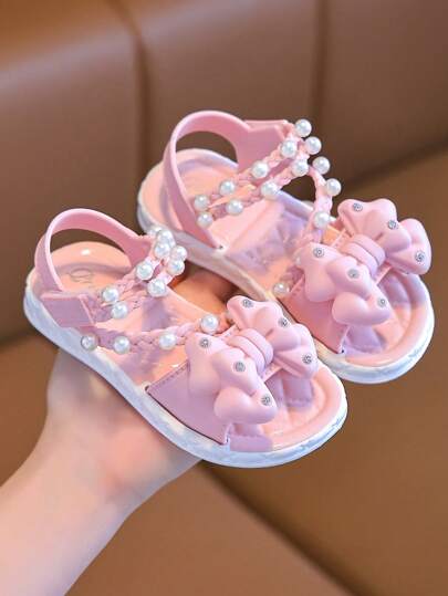 1 Pair Children's Summer Faux Pearl Bowknot Beach Sandals, Pink Hook-And-Loop Girls Indoor & Outdoor Sandals, Suitable For Summer