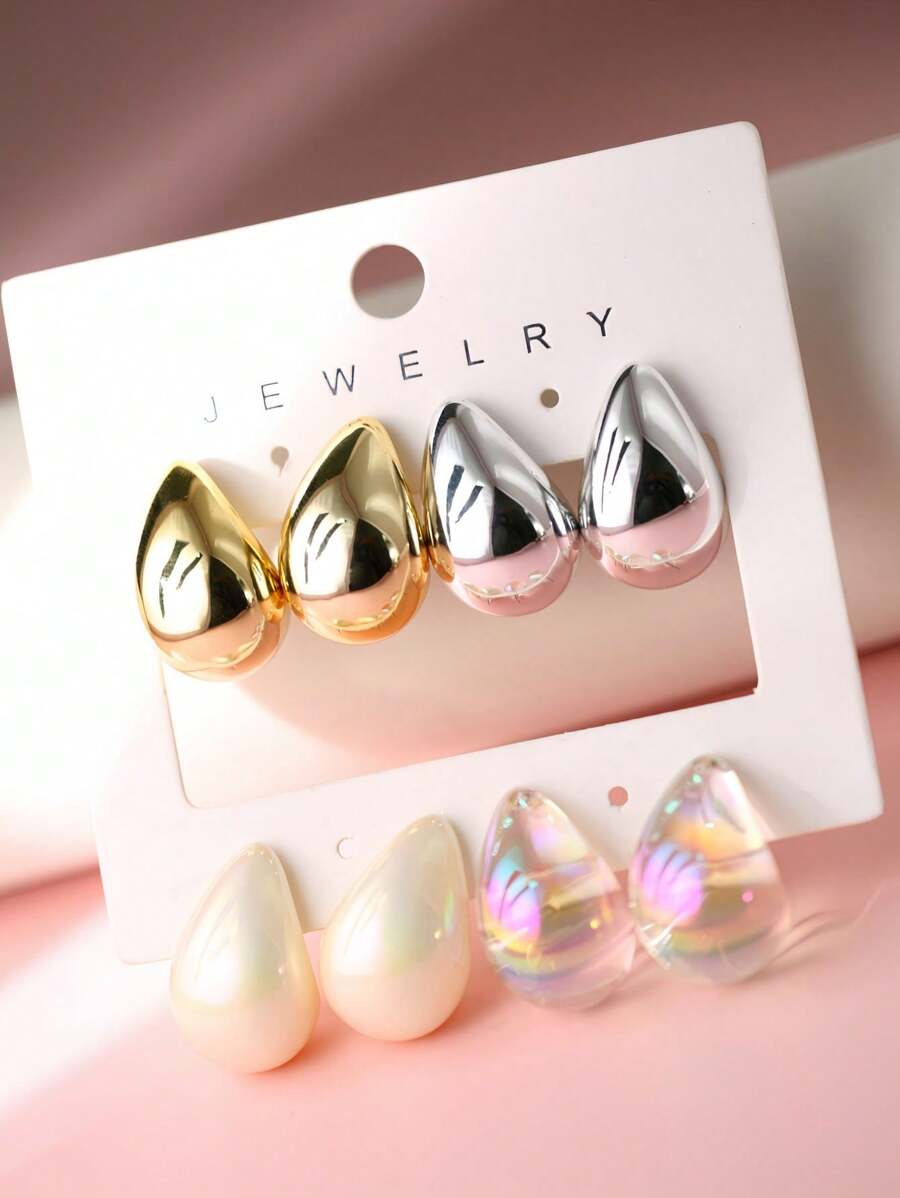 8 件装欧美时尚简约水滴形镂空耳环高端设计金银耳环适合日常佩戴 - 彩色 - 查看 1