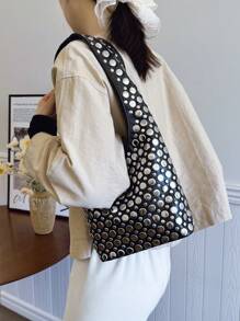 Geantă de umăr mică cu decor cu nituri de calitate premium, design de nișă de lux casual