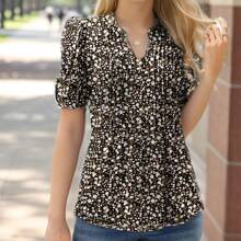 SANOPY Elegant Floral Pattern Women's Blue Casual Shirt, Suitable For Summer, Party, Beach, Holidays - 黑色 - 查看 1