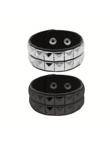 Studded Bracelet PU Leather Punk Bracelet For Men Women, 80s Wristband Goth Punk Rock Bracelet, Black/Silvery Punk Rock Style Two Rows Square Studs Faux Leather Bracelet Cuff Bangle Unisex Bracelets For Party Favors Accessories & Gift Halloween