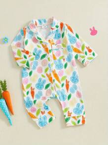 Baby Girl Spring Romper Long Sleeve Lapel Collar Easter Egg Print Jumpsuit - White - View 2