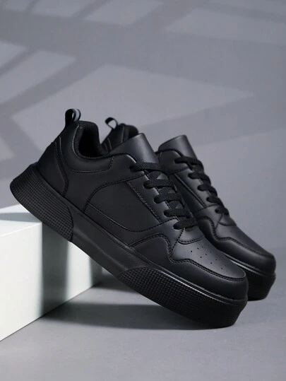 男士舒适运动鞋，时尚百搭纯色拼接低帮平底休闲运动鞋，时尚简约小白鞋