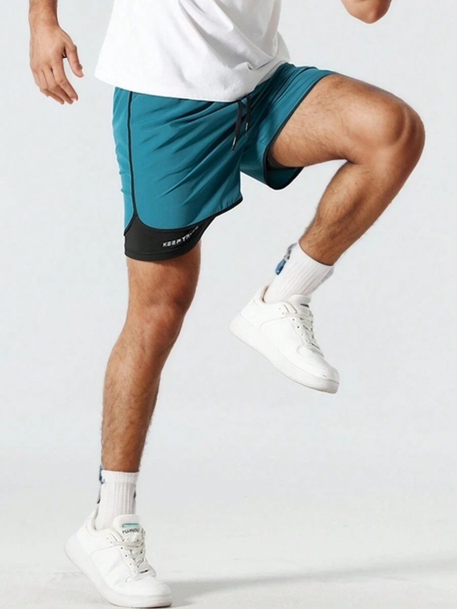 (春夏) 男士速干抽绳腰部字母印花健身户外短裤，带压缩衬里，防擦伤，口袋，适合训练、跑步、马拉松、男女通用 3/4 裤