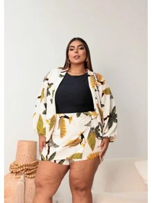Plus Size 2-Piece Shorts And Kimono Set - White Printed - View 1