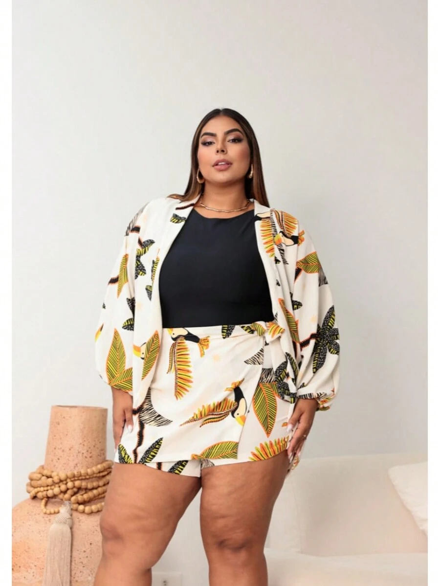 Plus Size 2-Piece Shorts And Kimono Set - White Printed - View 1