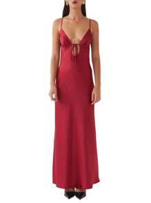 Women Slip Cami Dress Long Sleeveless Tie-Up Front Backless Maxi Dress Lounge Dress - 酒紅色 - 查看 1
