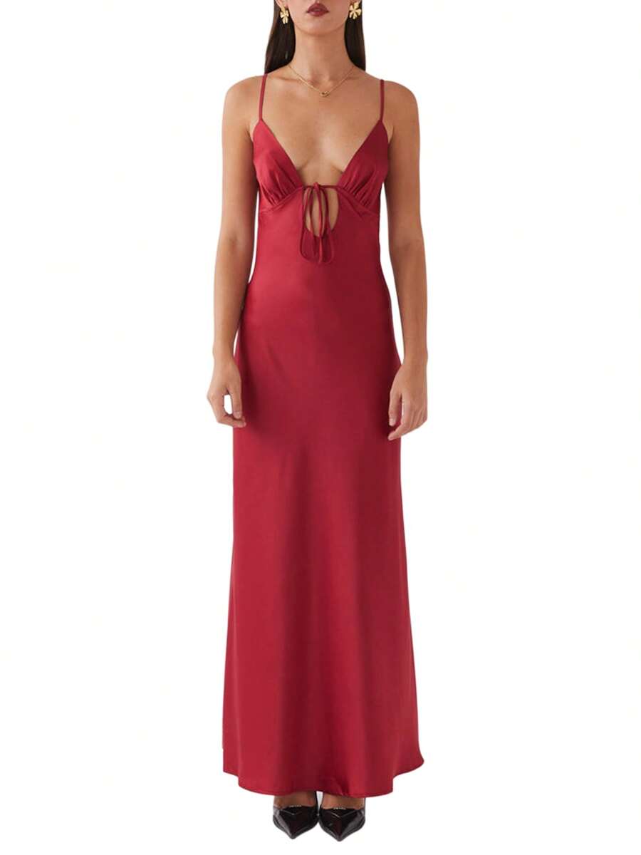 Women Slip Cami Dress Long Sleeveless Tie-Up Front Backless Maxi Dress Lounge Dress - 酒紅色 - 查看 1