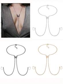 Fake Piercing With Chain Fake Nipple Ring For Women, Non Piercing Nipple Ring With Butterfly Necklaces Adjustable Ring Fake Ring Non Piercing Jewelry