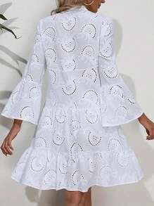 Đầm dài tay dáng rộng màu trơn ren họa tiết ren, thích hợp cho mùa xuân và hè, phù hợp cho đám cưới, hoạt động ngoài trời và mặc ở nhà. Trang phục mùa hè nữ, phong cách công sở thường ngày, màu trắng thanh lịch. - trắng - Xem 4