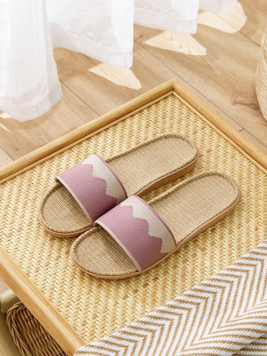 女士亚麻拖鞋，室内情侣沙滩度假防滑交叉平底凉鞋，春夏秋季