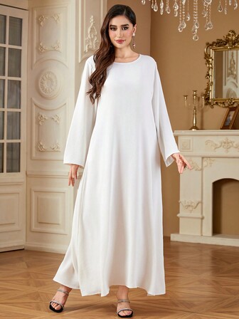 SISKAKIA Muslim Women Prayer Clothes O-Neck Solid Full Sleeve Loose Long Dress Elegant Casual Kaftan Abaya Dubai,Modest