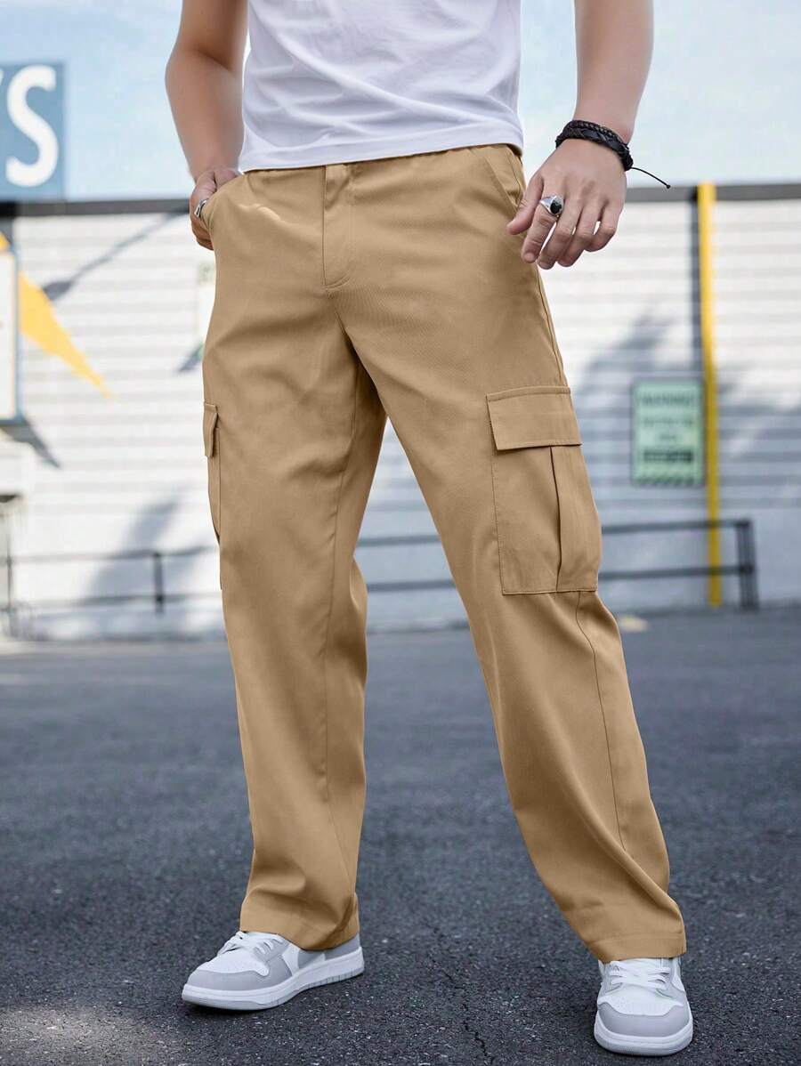 1 件男孩和青少年男孩休闲户外直筒口袋裤，时尚简约，春秋