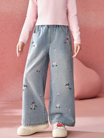 ASK JUNIOR Tween Girls Children Casual Embroidered Ditsy Floral Wide Leg Jeans
