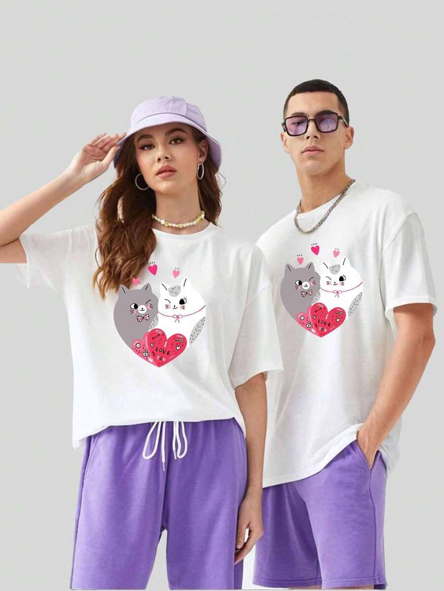 Camiseta Casal Algodao Blusa Confort Unissex Estilo Desenho Animado Premium Verao Segunda Peca 50% Desconto - Creme - Visão 1
