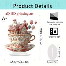 1pc Valentine's Day Theme Romantic Cup Cottage Desktop Decoration, Multi Functional 2D Acrylic Decorative Ornament, Rose Coffee Cup Castle Shaped Design, Multi Purpose Home Decoration, Suitable For Valentine's Day, Ideal Anniversary, Valentine's Day And New Year Gifts