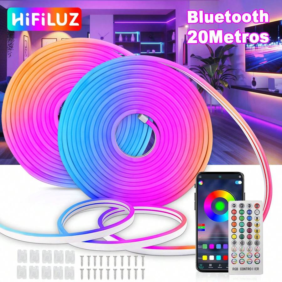 HIFILUZ 20M RGB Multicolor Flexible Neon LED Strips With App Use And Remote Controls For Color And Audio Rhythmic Adjustment