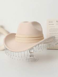 1 pièce Chapeau de cowgirl occidental fait main avec perles et franges de couleur unie pour femmes, chapeau décontracté de voyage pour festival, fête, scène, concert de musique, mariage de la mariée