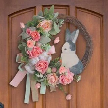 1PC Easter Bunny Wreath For Front Door Or Wall Artificial Rabbit Wreath Spring Wreath Easter Decor Outdoor Indoor Hanging Wreath