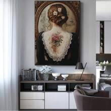 Tattoo Art On Canvas Victorian Women Art Prints Female Portrait Wall Art Classical Women Picture Lady Portrait Girl Back Wall Art Dark Academia Room Decor, Framed And Ready To Hang. (30x45cm)12x18inch Framed