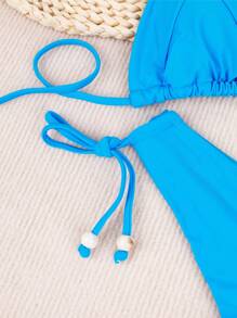 女士夏季沙滩装，分体纯色泳衣，褶皱系带设计，金属配饰，性感比基尼套装适合女性度假 - 藍色 - 查看 4