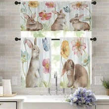 1 件/2 件兔子花卉和蝴蝶印花装饰小窗帘波西米亚风格涤纶纤维杆袋印花窗帘套装 52 英寸 * 18 英寸，26 英寸 * 36 英寸动物主题四季厨房窗帘咖啡店客厅办公室卧室家居装饰窗帘