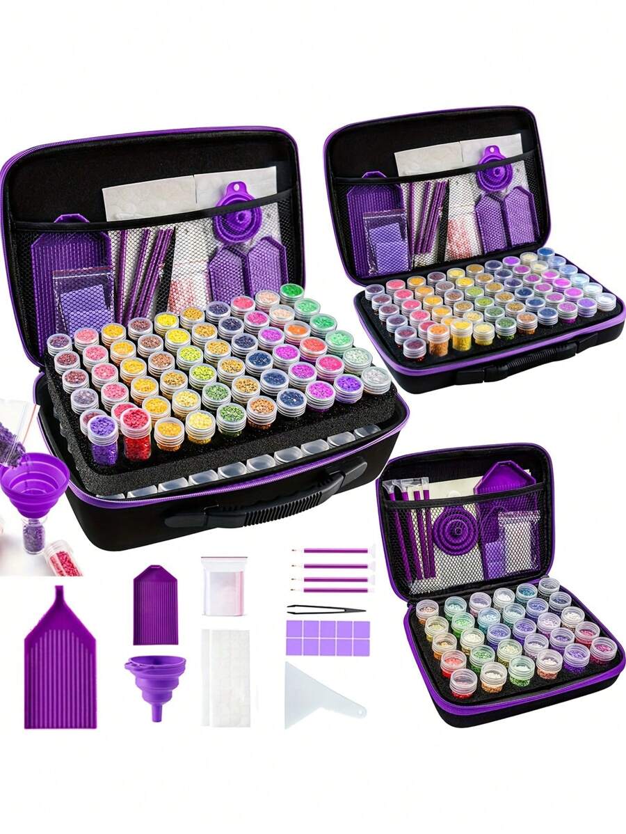 30/60/120 槽 DIY 钻石画收纳盒，升级版帆布收纳盒带配件，防震珠子和艺术品收纳架，便携式珠宝容器带工具，多功能工艺品和缝纫用品套件，塑料材质 - 彩色 - 查看 1