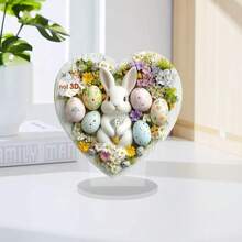 1 Piece Of Adorable Bunny Heart Silhouette Ornament, Heart Shape 2D Acrylic Decoration With Pastel Flowers And Colored Eggs, Perfect For Everyday Accessories Such As Home And Desk Decoration, And Also An Ideal Gift For Family And Friends