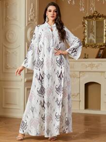 Women's Elegant Floral Print V-Neck Long Casual Arabian Dress, Spring/Summer