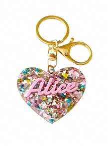 1 个闪光钥匙扣，带自定义文字，亚克力心形钥匙扣，带个性化字母拼写，DIY 创意背包、手提包和行李箱名牌，生日和情人节礼物的理想选择，单个带环扣
