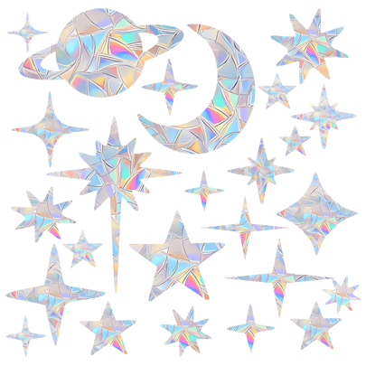SHAWULA 25 PIEZAS Pegatinas opacas para ventanas con diseño de cielo estrellado para evitar colisiones de pájaros, pegatinas de vinilo prismatizado arcoíris, no adhesivas para decoración de ventanas