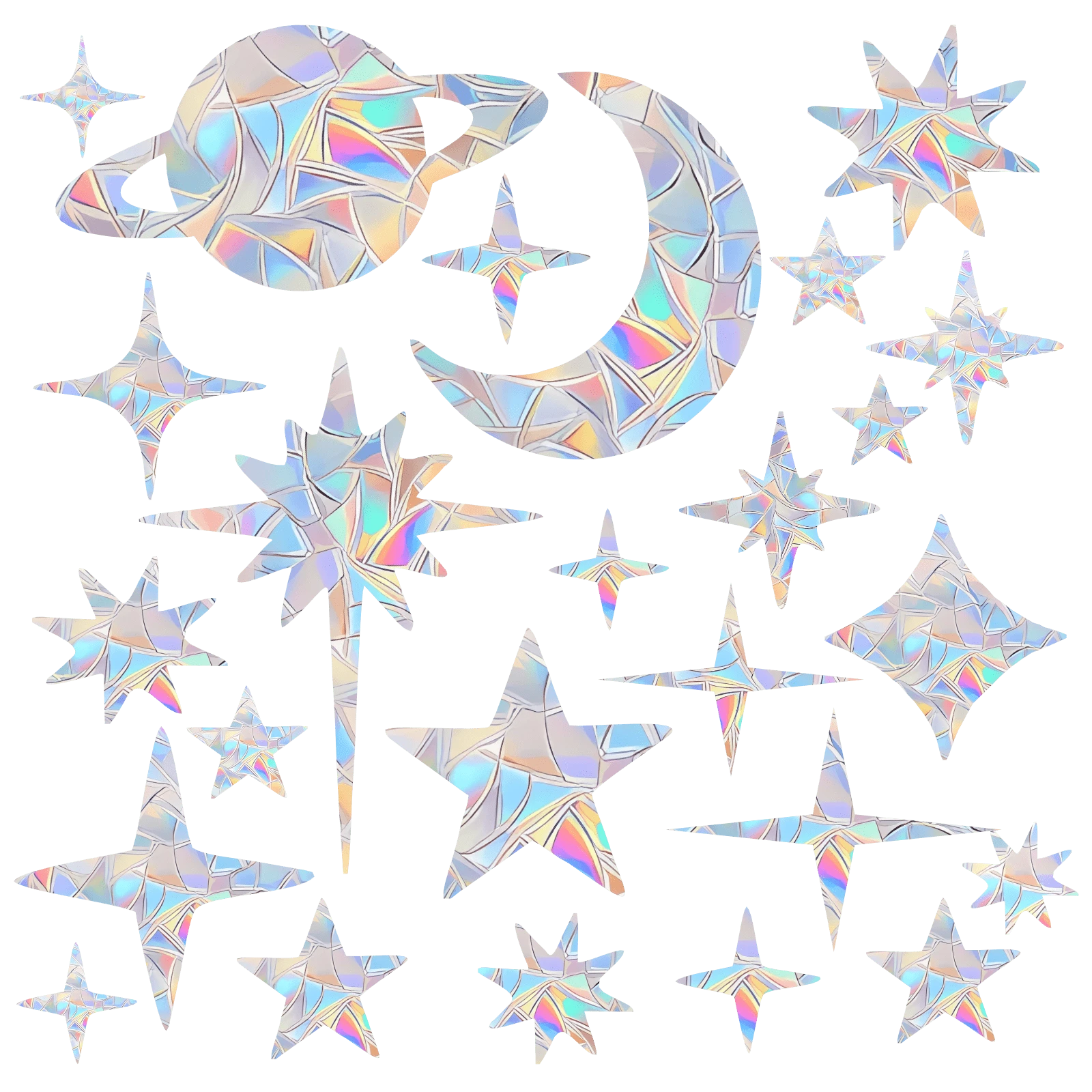SHAWULA 25 PIEZAS Pegatinas opacas para ventanas con diseño de cielo estrellado para evitar colisiones de pájaros, pegatinas de vinilo prismatizado arcoíris, no adhesivas para decoración de ventanas